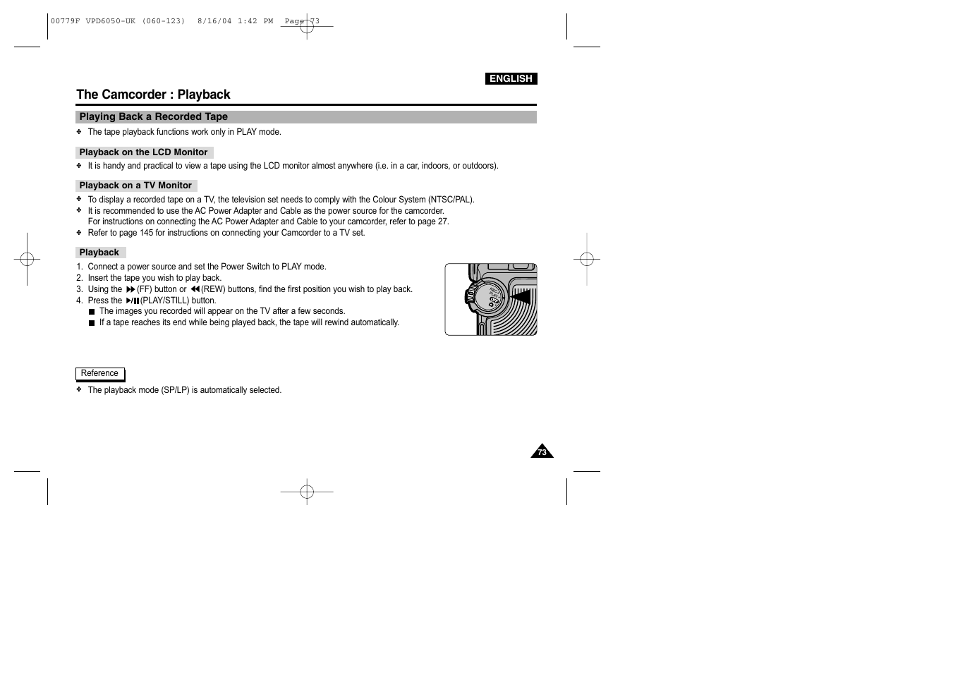 The camcorder : playback, Playing back a recorded tape | Samsung SC-D5000-XAC User Manual | Page 73 / 166