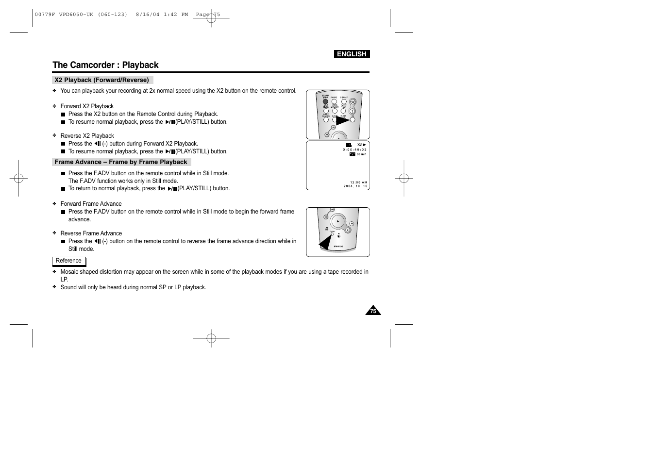 X2 playback (forward/reverse), Frame advance – frame by frame playback, The camcorder : playback | Samsung SC-D5000-XAC User Manual | Page 75 / 166