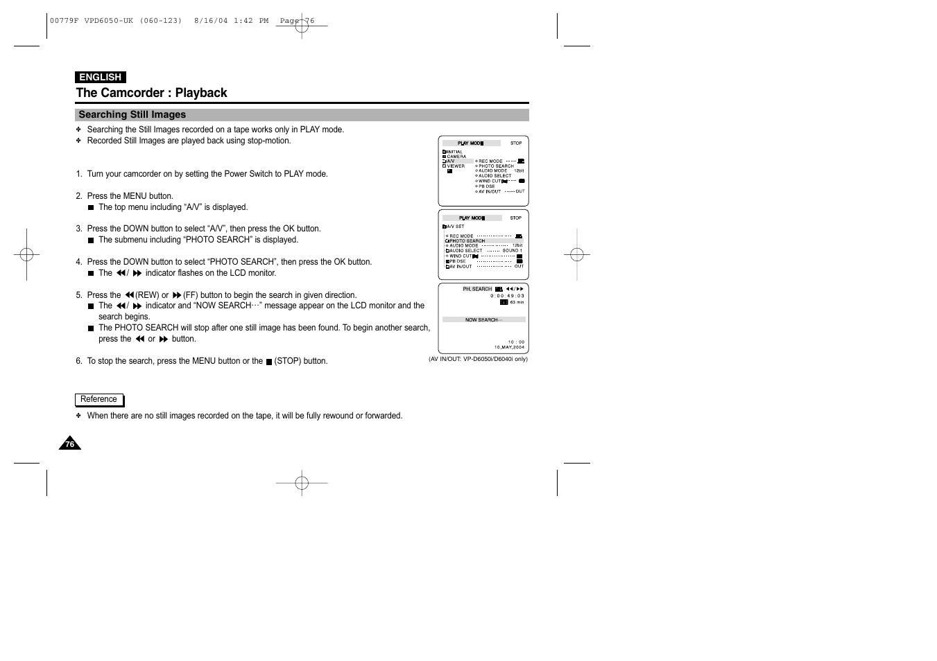 Searching still images, The camcorder : playback | Samsung SC-D5000-XAC User Manual | Page 76 / 166