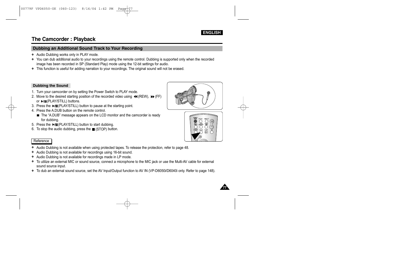 Dubbing the sound, The camcorder : playback | Samsung SC-D5000-XAC User Manual | Page 77 / 166