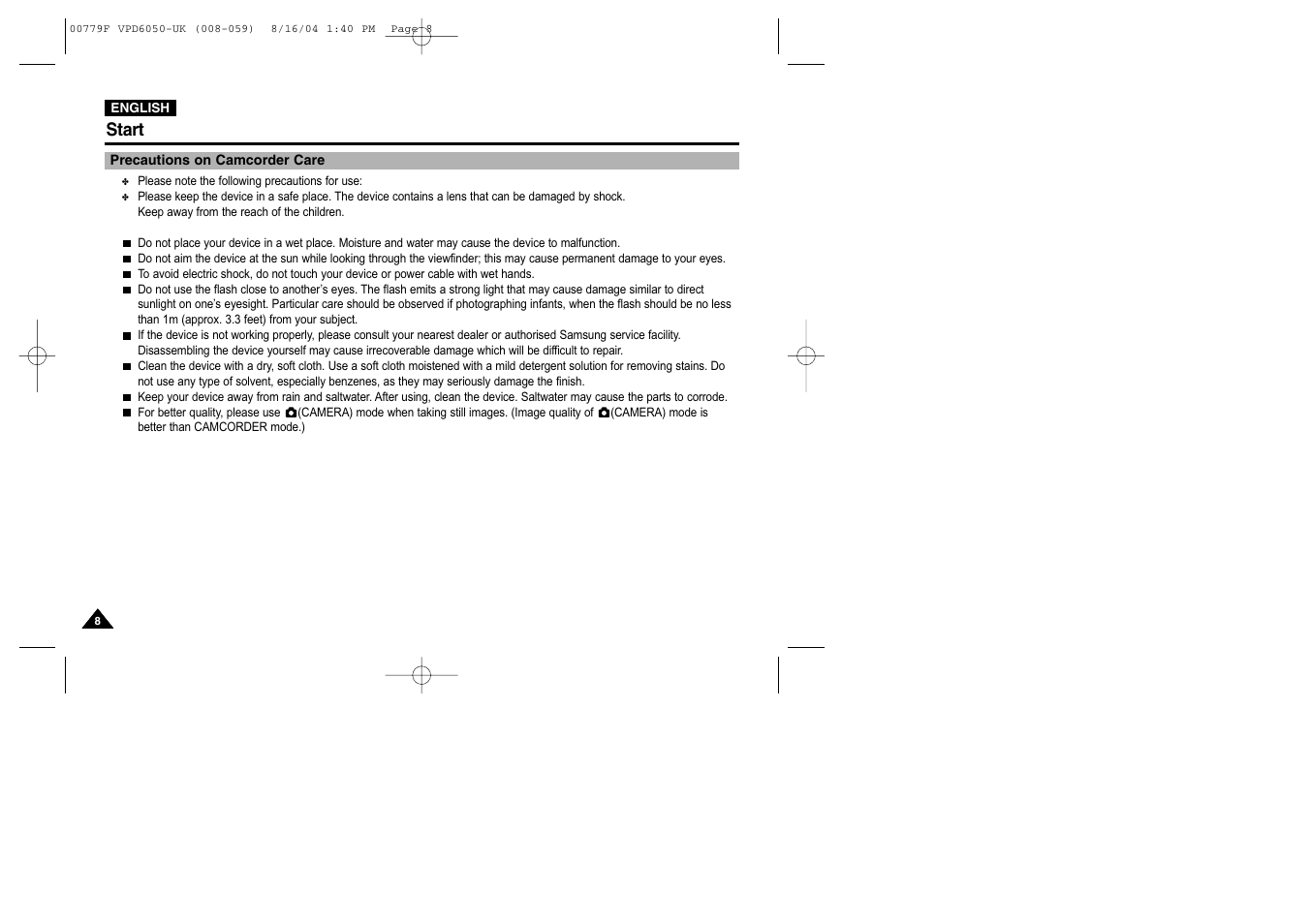 Start, Precautions on camcorder care | Samsung SC-D5000-XAC User Manual | Page 8 / 166