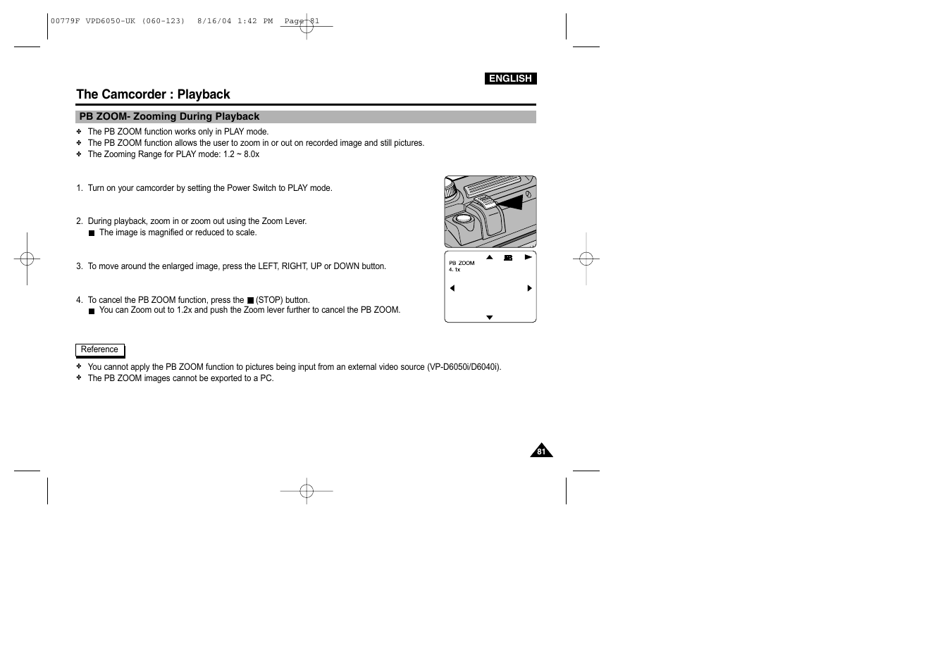 Pb zoom- zooming during playback, The camcorder : playback | Samsung SC-D5000-XAC User Manual | Page 81 / 166