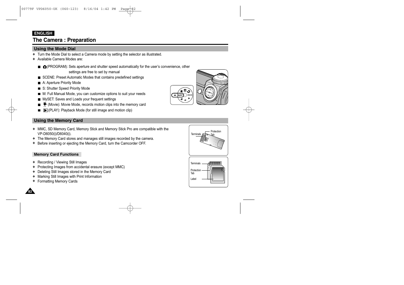 The camera : preparation, Using the mode dial, Using the memory card | Memory card functions | Samsung SC-D5000-XAC User Manual | Page 82 / 166