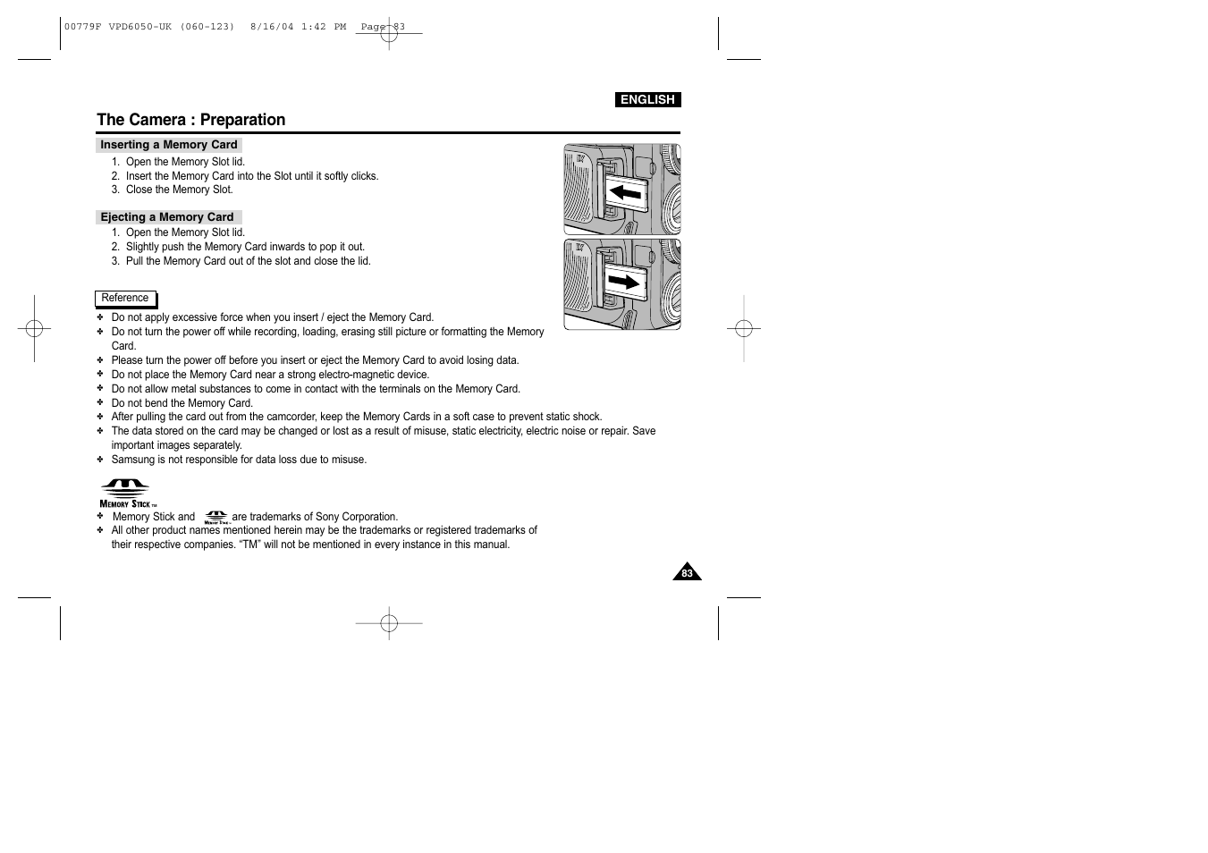 Inserting a memory card, Ejecting a memory card, The camera : preparation | Samsung SC-D5000-XAC User Manual | Page 83 / 166
