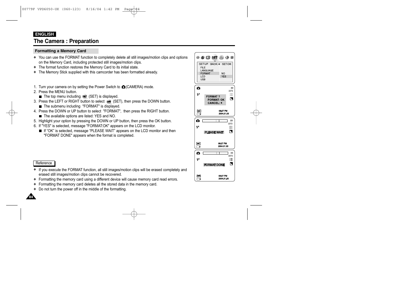 Formatting a memory card, The camera : preparation | Samsung SC-D5000-XAC User Manual | Page 84 / 166