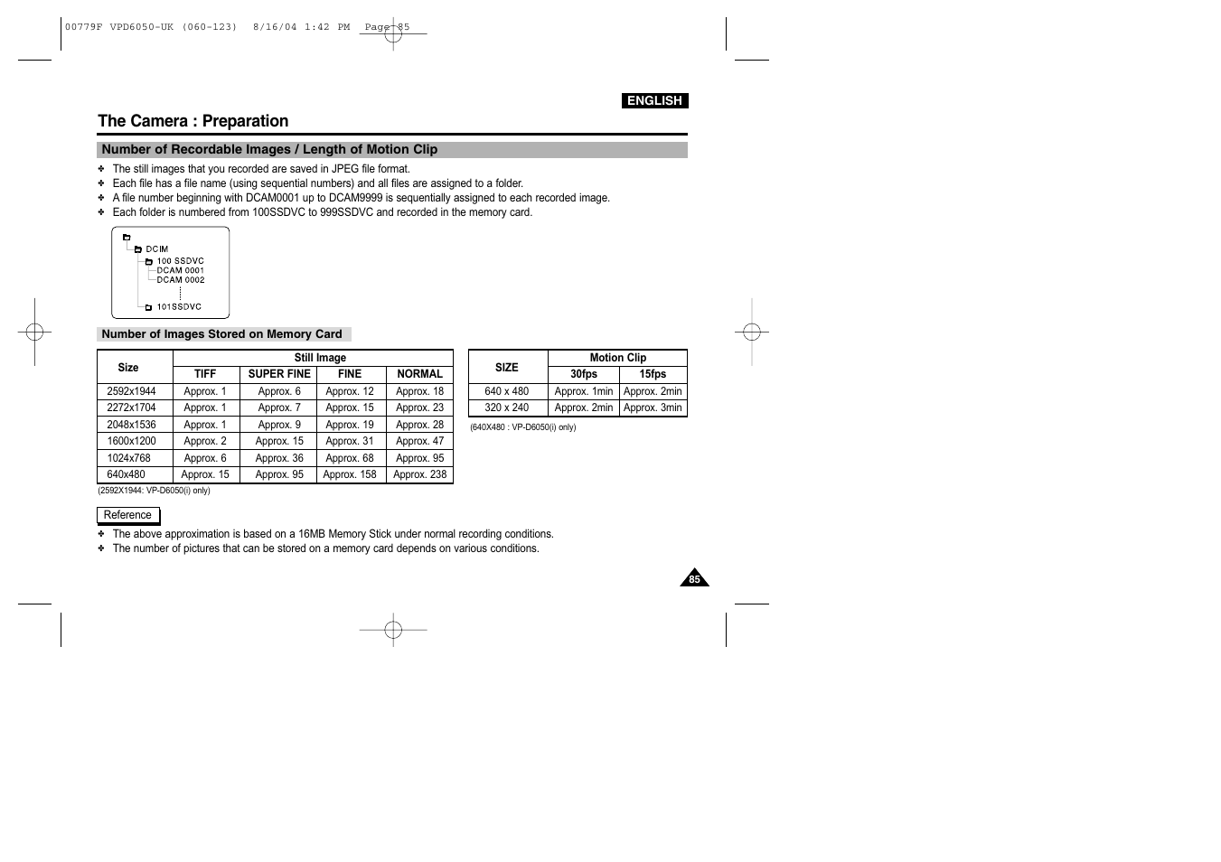 The camera : preparation | Samsung SC-D5000-XAC User Manual | Page 85 / 166