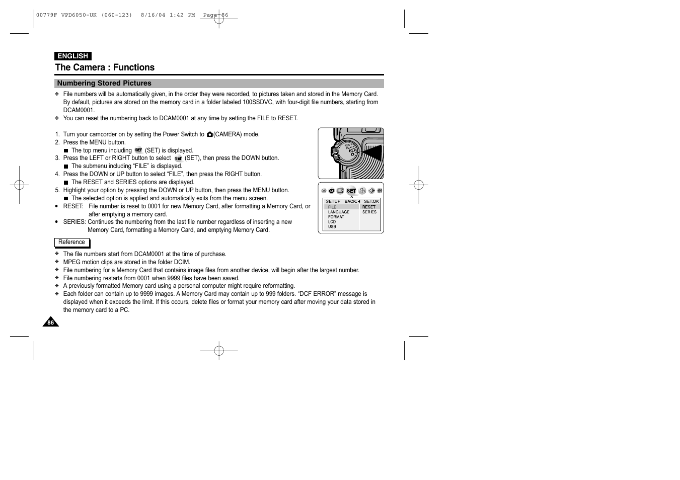 The camera : functions, Numbering stored pictures | Samsung SC-D5000-XAC User Manual | Page 86 / 166