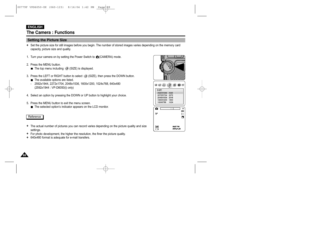 Setting the picture size, The camera : functions | Samsung SC-D5000-XAC User Manual | Page 88 / 166