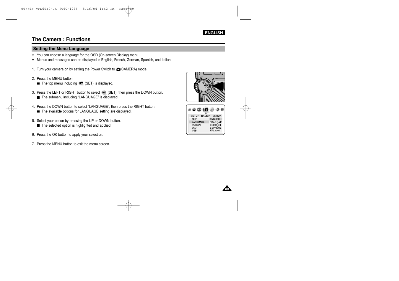 Setting the menu language, The camera : functions | Samsung SC-D5000-XAC User Manual | Page 89 / 166