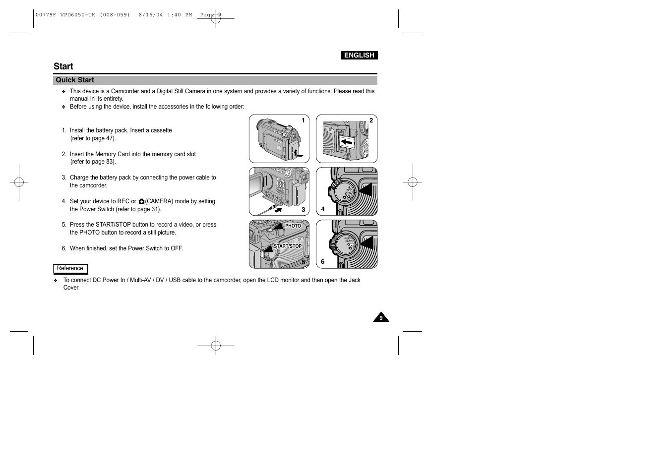Quick start, Start | Samsung SC-D5000-XAC User Manual | Page 9 / 166