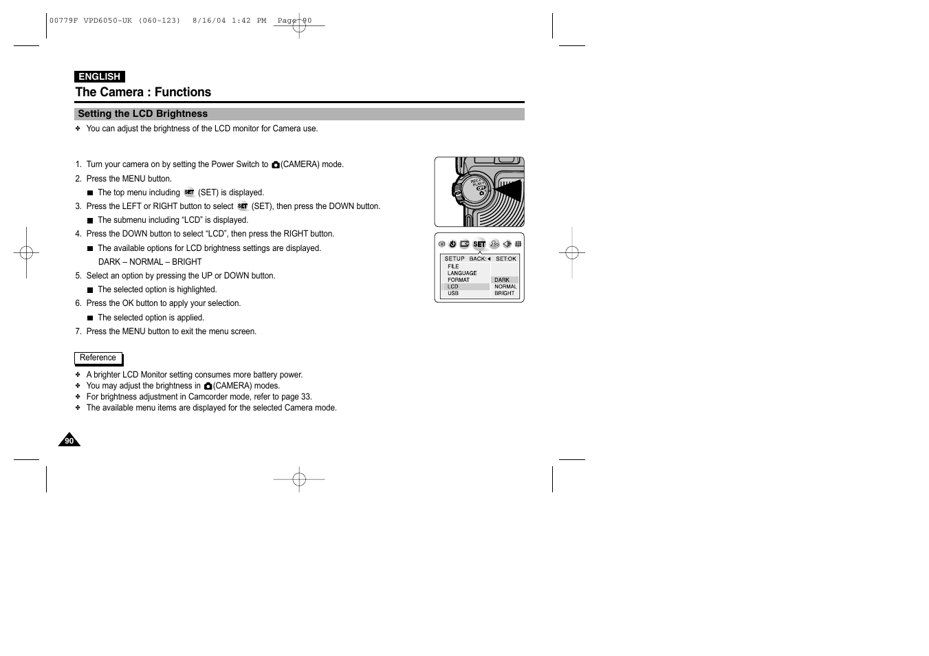 Setting the lcd brightness, The camera : functions | Samsung SC-D5000-XAC User Manual | Page 90 / 166