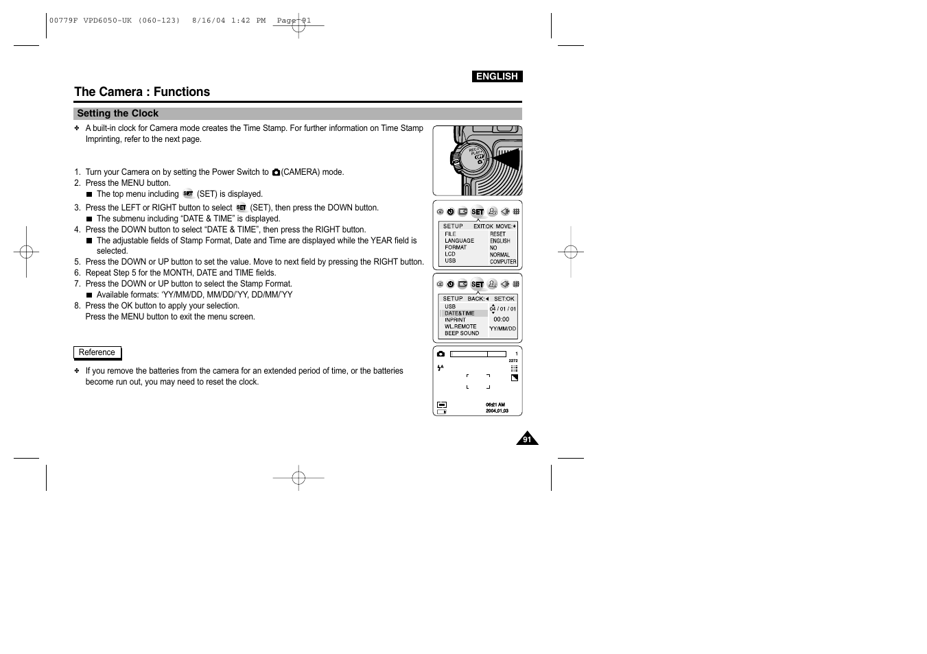 Setting the clock, The camera : functions | Samsung SC-D5000-XAC User Manual | Page 91 / 166