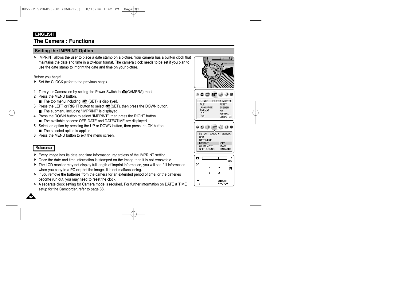 Setting the imprint option, The camera : functions | Samsung SC-D5000-XAC User Manual | Page 92 / 166