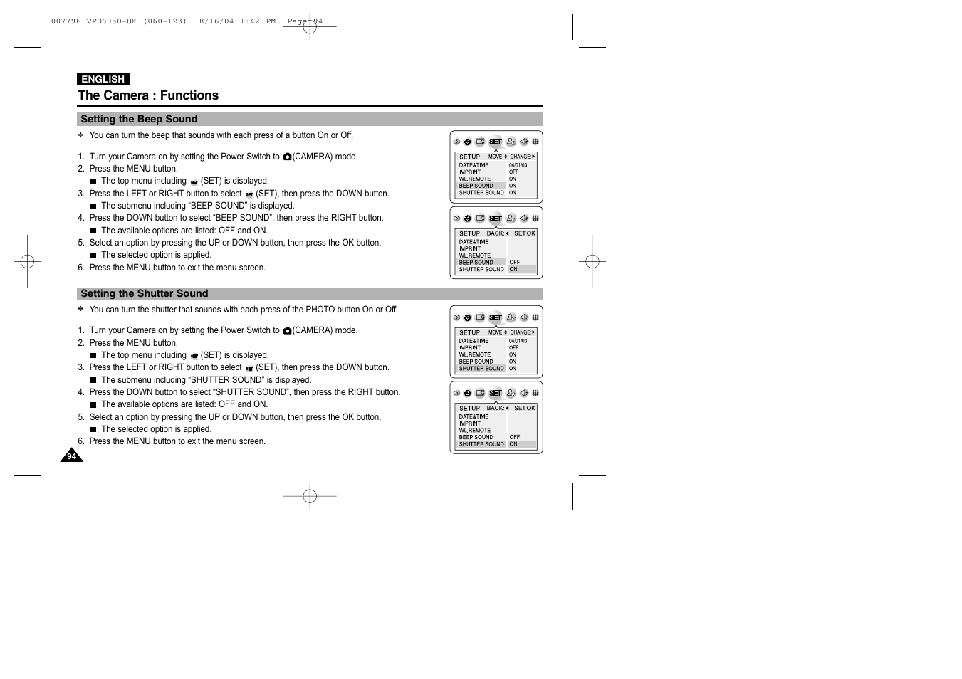 Setting the beep sound, Setting the shutter sound, The camera : functions | Samsung SC-D5000-XAC User Manual | Page 94 / 166