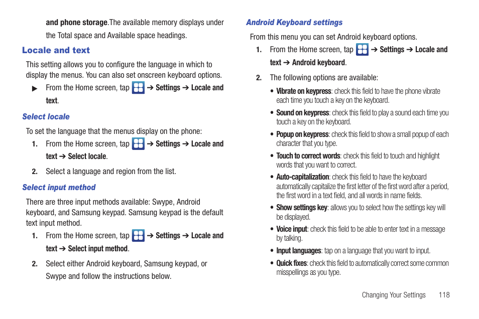 Locale and text | Samsung SGH-I897ZKZATT User Manual | Page 123 / 199