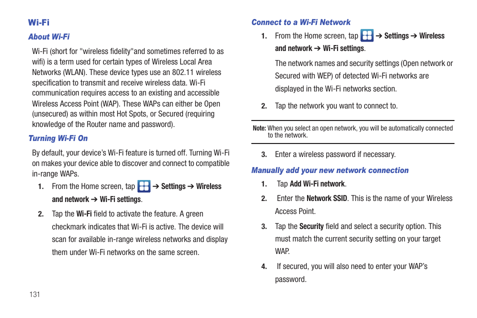 Wi-fi | Samsung SGH-I897ZKZATT User Manual | Page 136 / 199