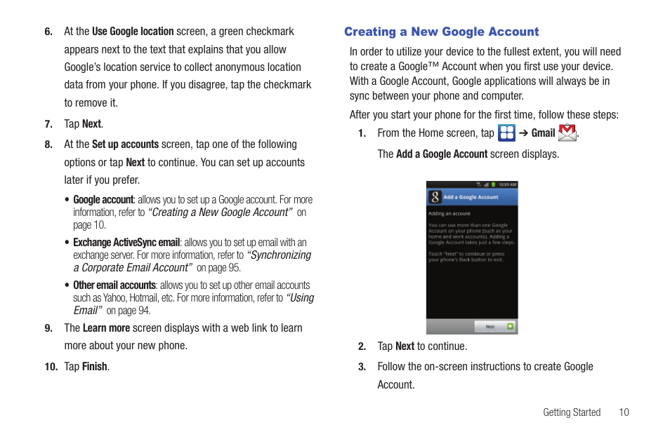 Creating a new google account | Samsung SGH-I897ZKZATT User Manual | Page 15 / 199