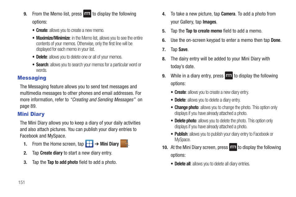 Messaging, Mini diary, Messaging mini diary | Samsung SGH-I897ZKZATT User Manual | Page 156 / 199