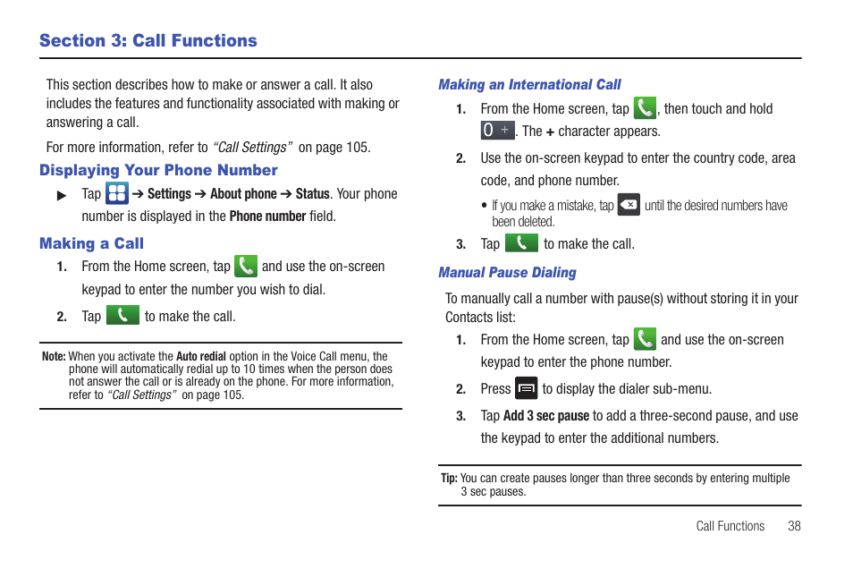 Section 3: call functions, Displaying your phone number, Making a call | Displaying your phone number making a call | Samsung SGH-I897ZKZATT User Manual | Page 43 / 199