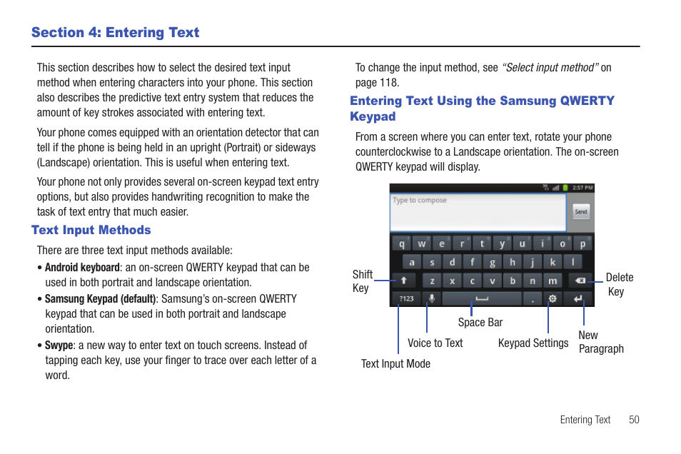 Section 4: entering text, Text input methods, Entering text using the samsung qwerty keypad | Samsung SGH-I897ZKZATT User Manual | Page 55 / 199