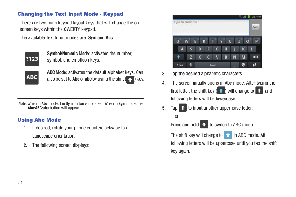 Changing the text input mode - keypad, Using abc mode | Samsung SGH-I897ZKZATT User Manual | Page 56 / 199