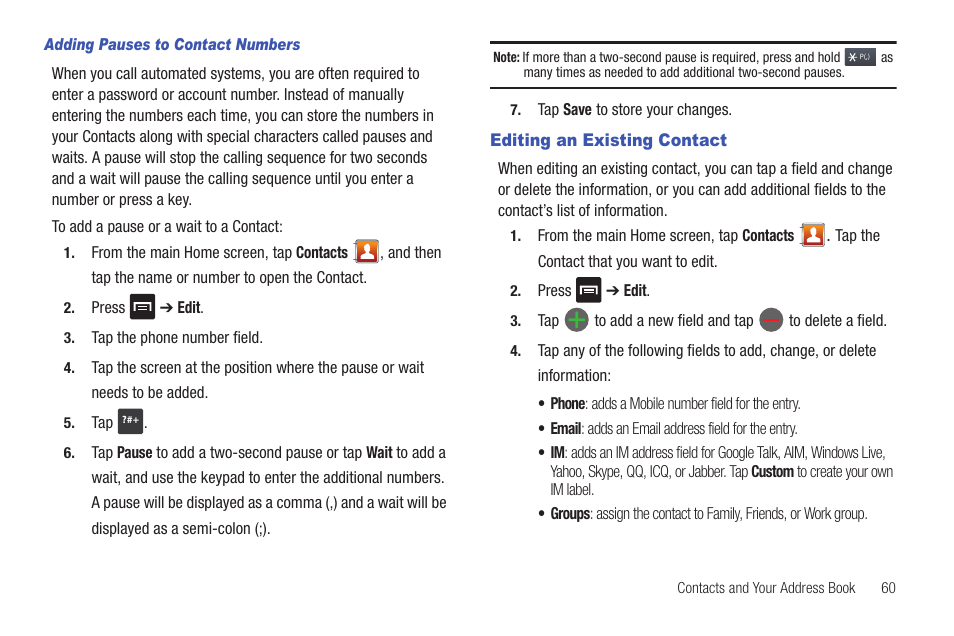 Editing an existing contact | Samsung SGH-I897ZKZATT User Manual | Page 65 / 199