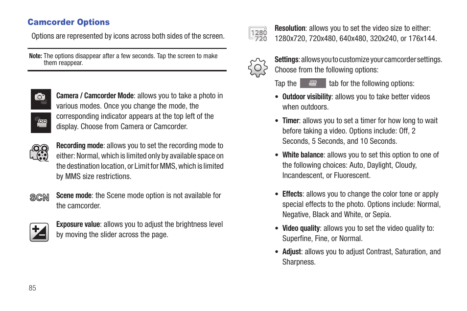 Camcorder options | Samsung SGH-I897ZKZATT User Manual | Page 90 / 199