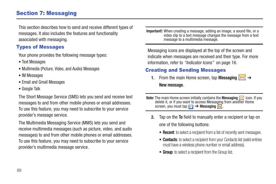 Section 7: messaging, Types of messages, Creating and sending messages | Types of messages creating and sending messages, For more options. for more | Samsung SGH-I897ZKZATT User Manual | Page 94 / 199