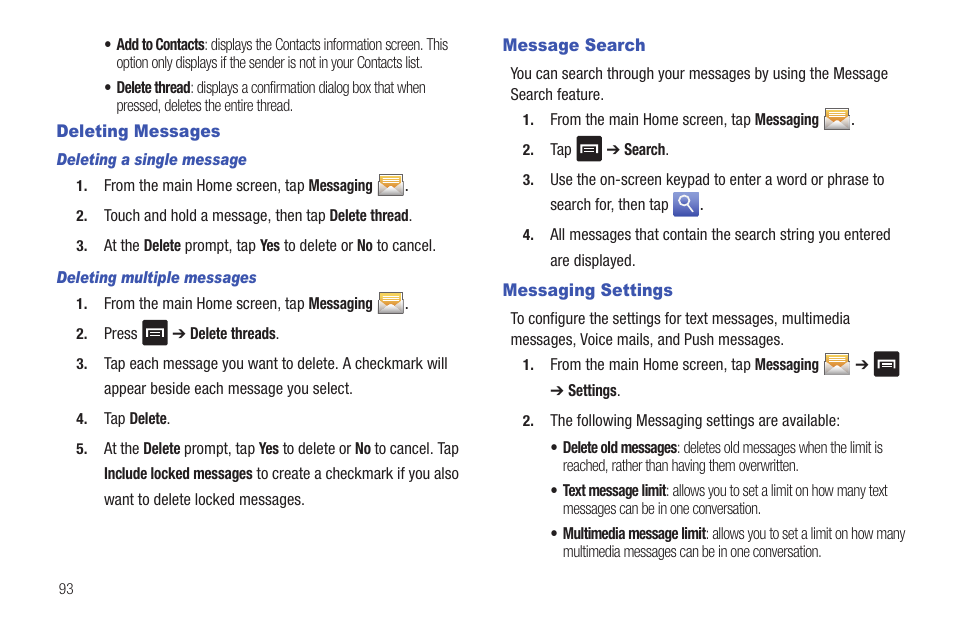 Deleting messages, Message search, Messaging settings | Message search messaging settings, For more | Samsung SGH-I897ZKZATT User Manual | Page 98 / 199