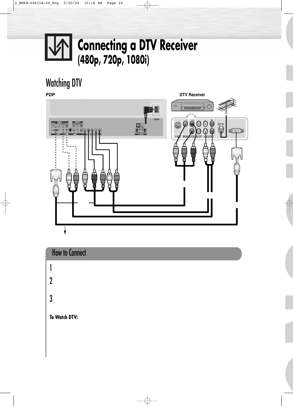 Connecting a dtv receiver, Watching dtv, How to connect 1 2 3 | Samsung HPP3761X-XAA User Manual | Page 7 / 7