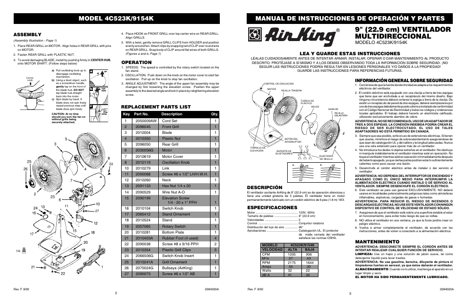 9" (22.9 cm) ventilador multidireccional, Manual de instrucciones de operación y partes, Lea y guarde estas instrucciones | Descripción, Especificaciones, Información general sobre seguridad, Mantenimiento, Replacement parts list assembly, Operation | Air King 4C523K User Manual | Page 2 / 2