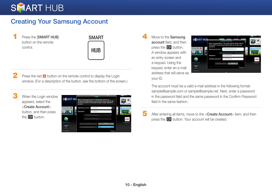 Creating your samsung account | Samsung BD-EM59-ZA User Manual | Page 10 / 29