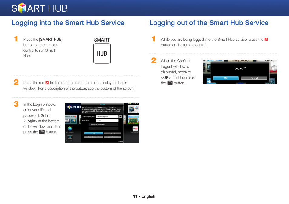 Logging into the smart hub service, Logging out of the smart hub service | Samsung BD-EM59-ZA User Manual | Page 11 / 29