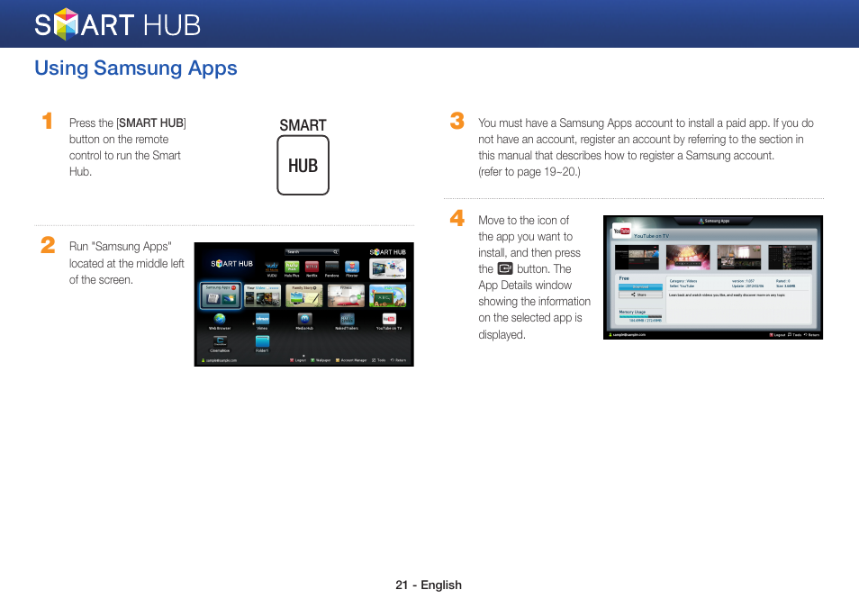 Using samsung apps | Samsung BD-EM59-ZA User Manual | Page 21 / 29