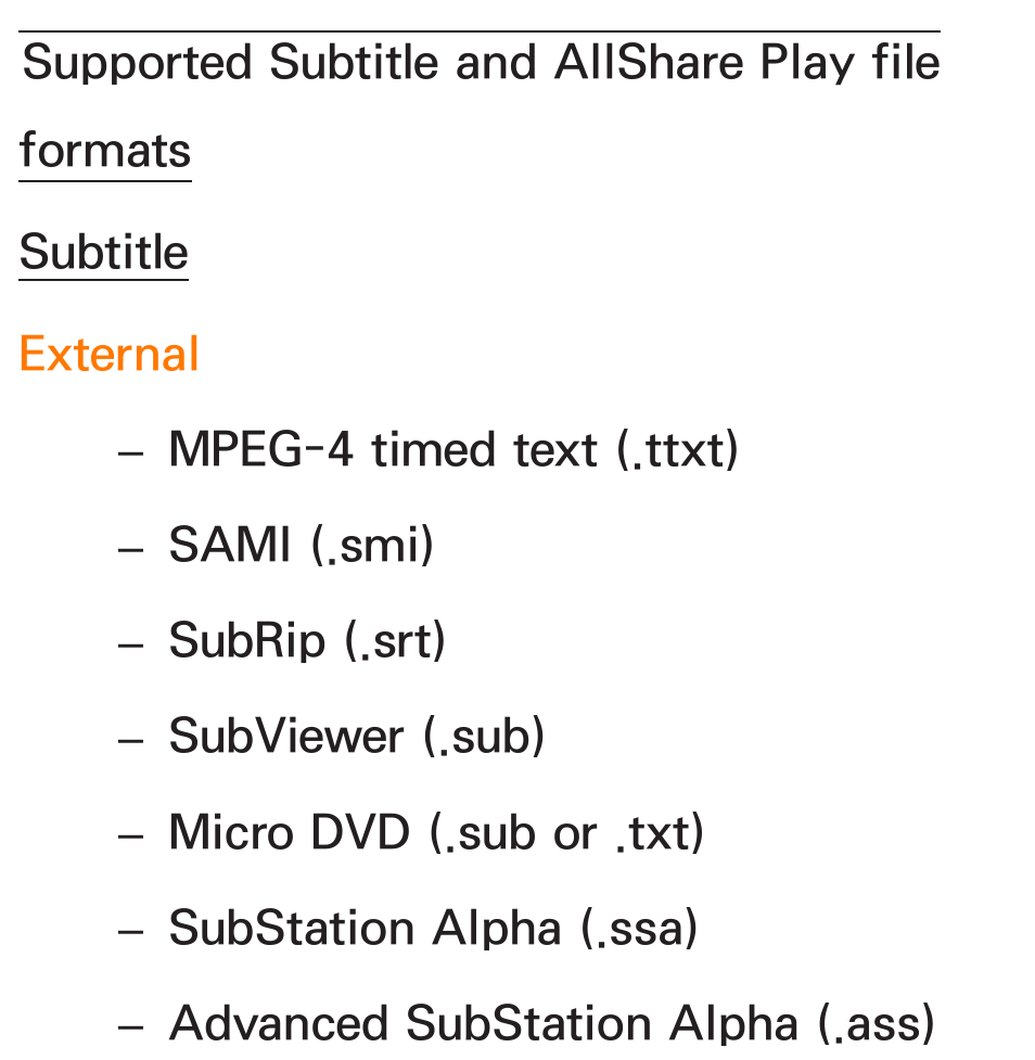 Supported subtitle, And allshare play file formats | Samsung UN55ES6580FXZA User Manual | Page 661 / 675