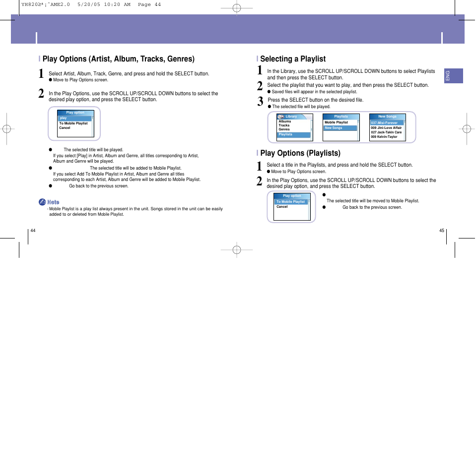 Browsing your music, Iplay options (playlists), Iselecting a playlist | Iplay options (artist, album, tracks, genres) | Samsung YH-820MC-XAA User Manual | Page 23 / 35