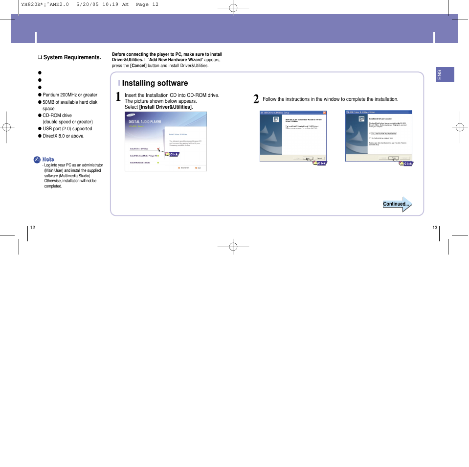 Connecting the player to your pc, Iinstalling software | Samsung YH-820MC-XAA User Manual | Page 7 / 35