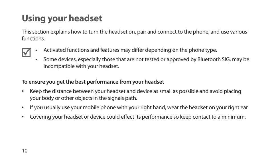 Using your headset | Samsung BHM1700NKACSTA User Manual | Page 12 / 78