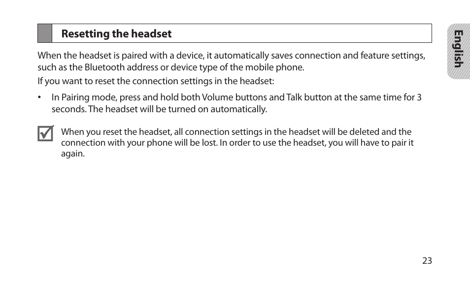 Resetting the headset | Samsung BHM1700NKACSTA User Manual | Page 25 / 78