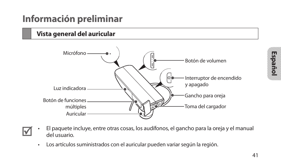 Información preliminar, Vista general del auricular | Samsung BHM1700NKACSTA User Manual | Page 43 / 78