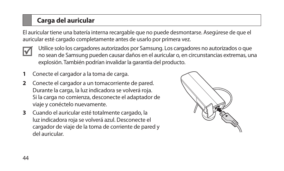 Carga del auricular | Samsung BHM1700NKACSTA User Manual | Page 46 / 78