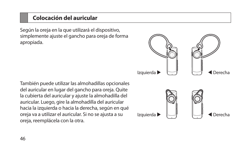 Colocación del auricular | Samsung BHM1700NKACSTA User Manual | Page 48 / 78