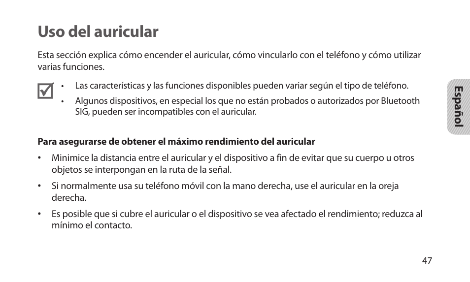 Uso del auricular | Samsung BHM1700NKACSTA User Manual | Page 49 / 78