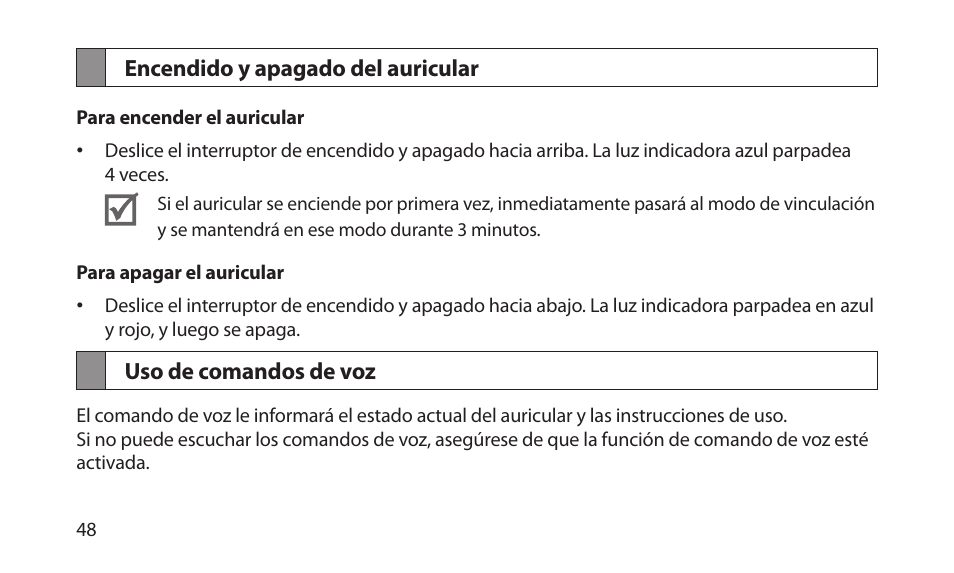 Encendido y apagado del auricular, Uso de comandos de voz | Samsung BHM1700NKACSTA User Manual | Page 50 / 78