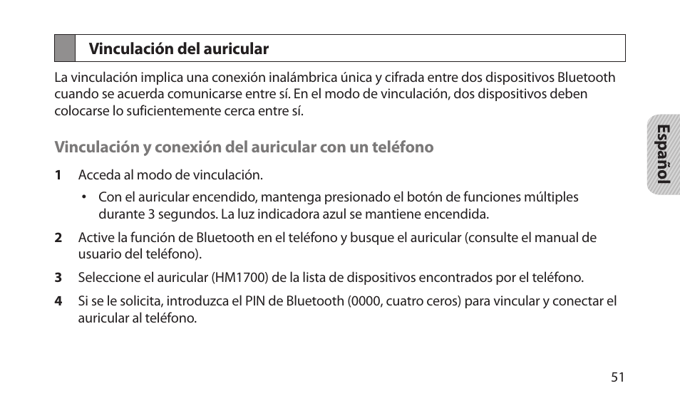 Vinculación del auricular | Samsung BHM1700NKACSTA User Manual | Page 53 / 78