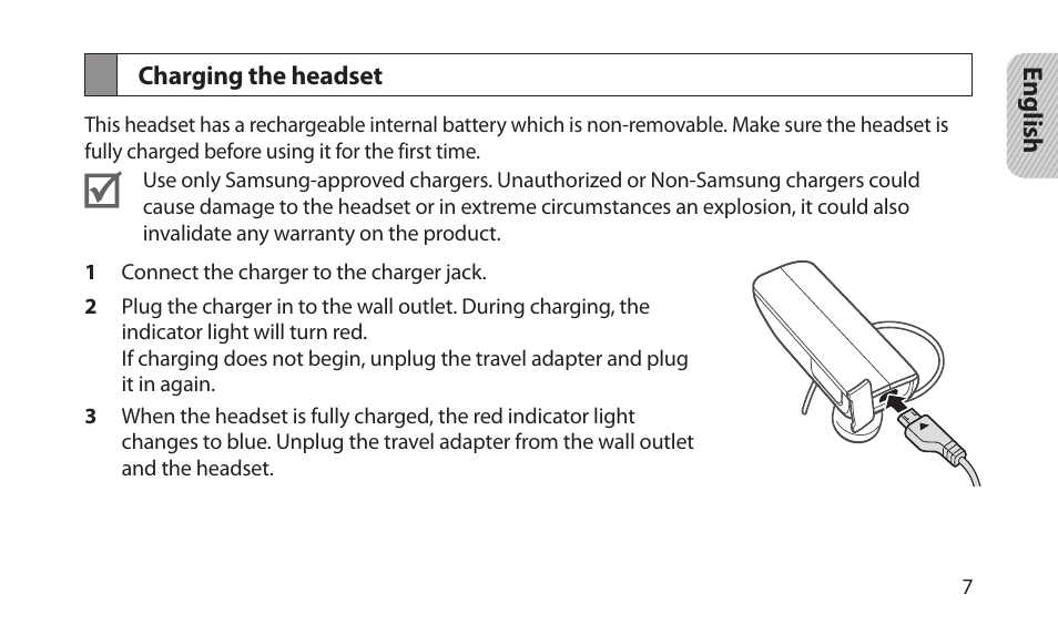 Charging the headset | Samsung BHM1700NKACSTA User Manual | Page 9 / 78