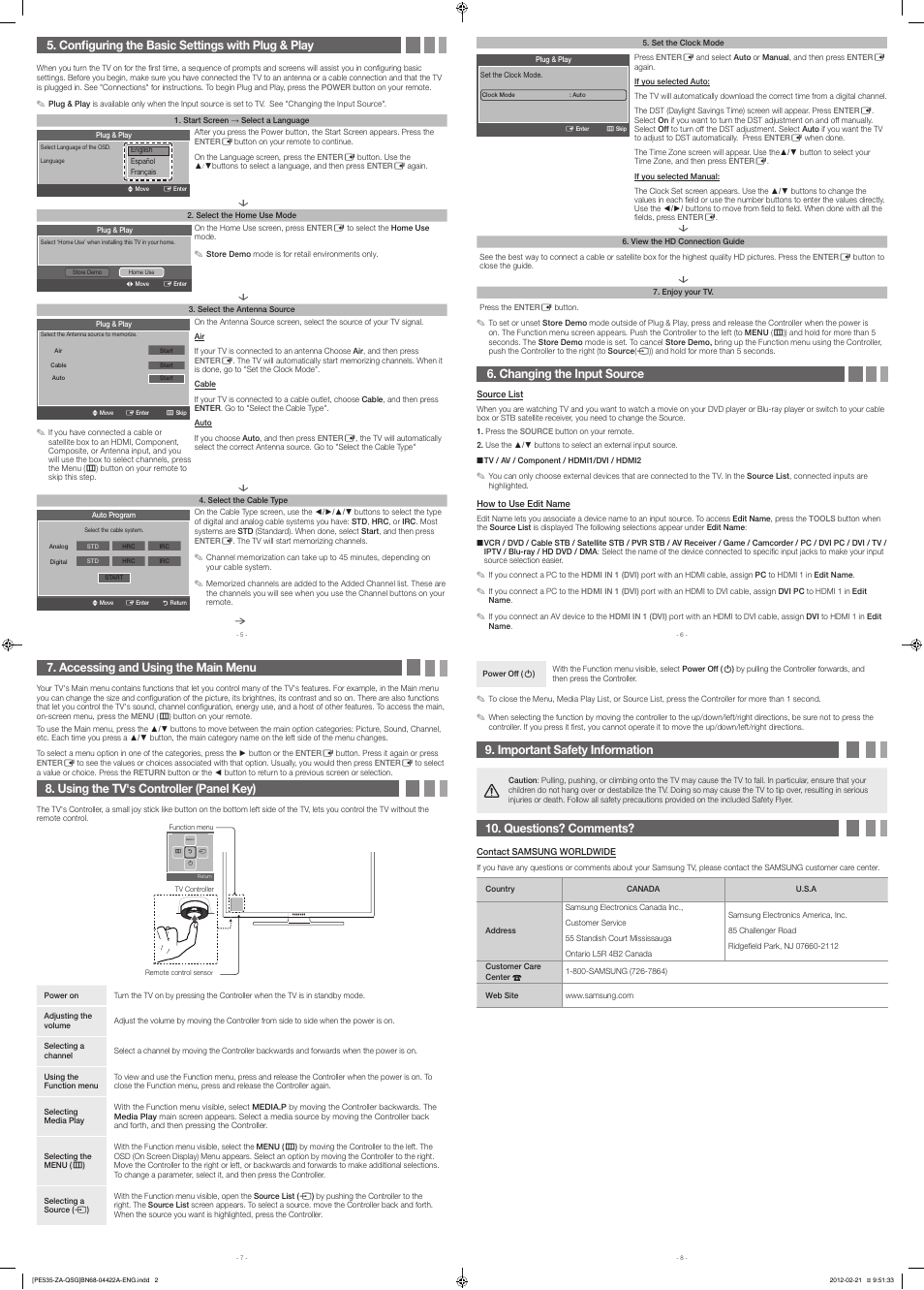 Changing the input source, Accessing and using the main menu, Using the tv's controller (panel key) | Configuring the basic settings with plug & play, Important safety information, Questions? comments | Samsung PN51E535A3FXZA User Manual | Page 2 / 2