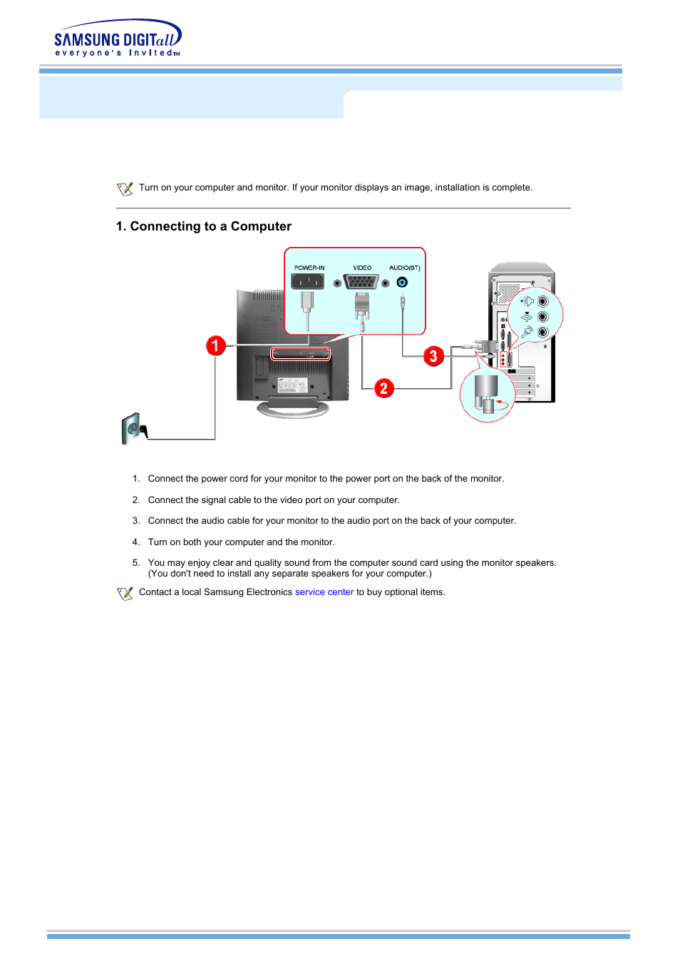 Setup, Connecting to a computer, Connecting your monitor | Samsung MH15NSSS-XAX User Manual | Page 13 / 61