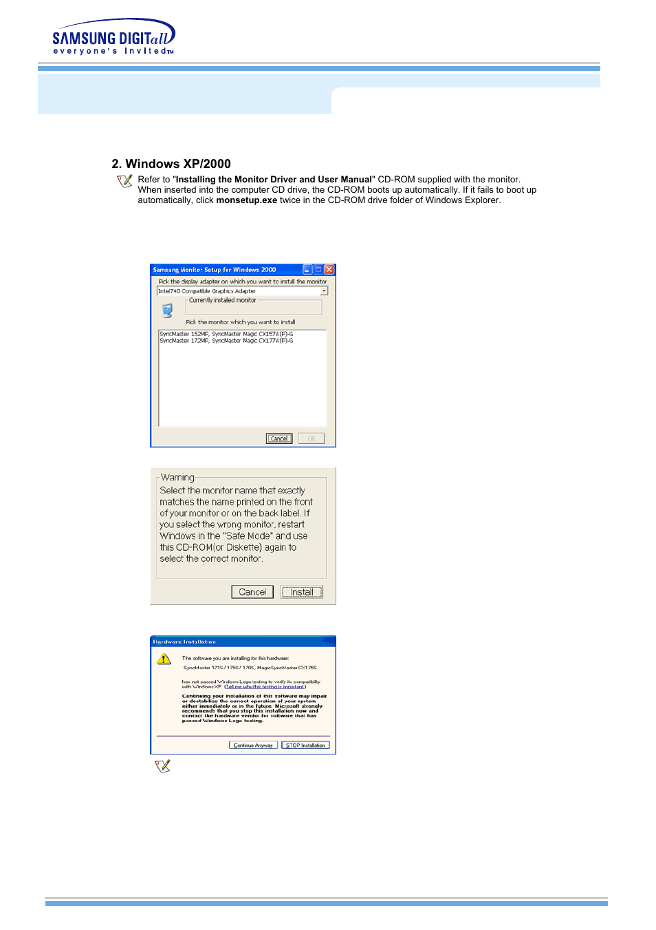 Installing the monitor driver, Windows xp/2000 | Samsung MH15NSSS-XAX User Manual | Page 18 / 61