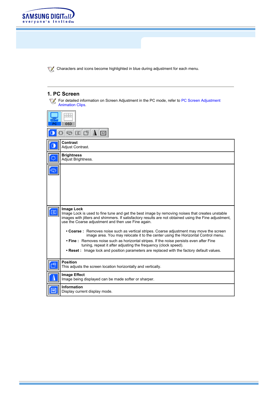 On-screen display, Pc screen | Samsung MH15NSSS-XAX User Manual | Page 32 / 61